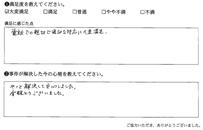 電話での親切で適切な対応に大変満足