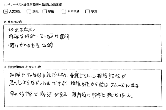 相談直後からスムーズに進み、精神的に非常に楽になった