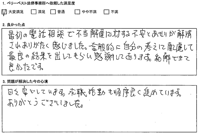 最初の電話相談で不当解雇に対する不安とあせりが解消されありがたく感じました